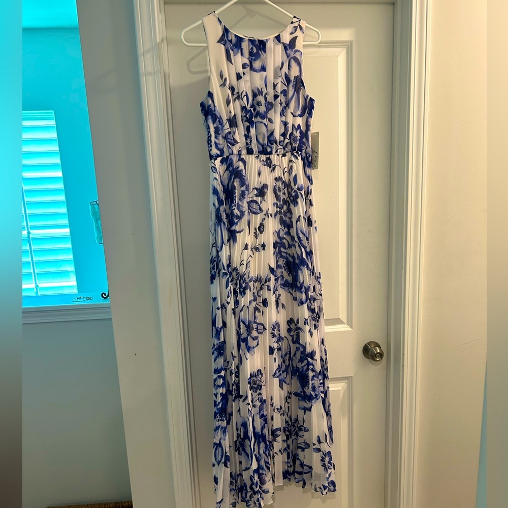 Eliza J long, white & blue floral print dress.